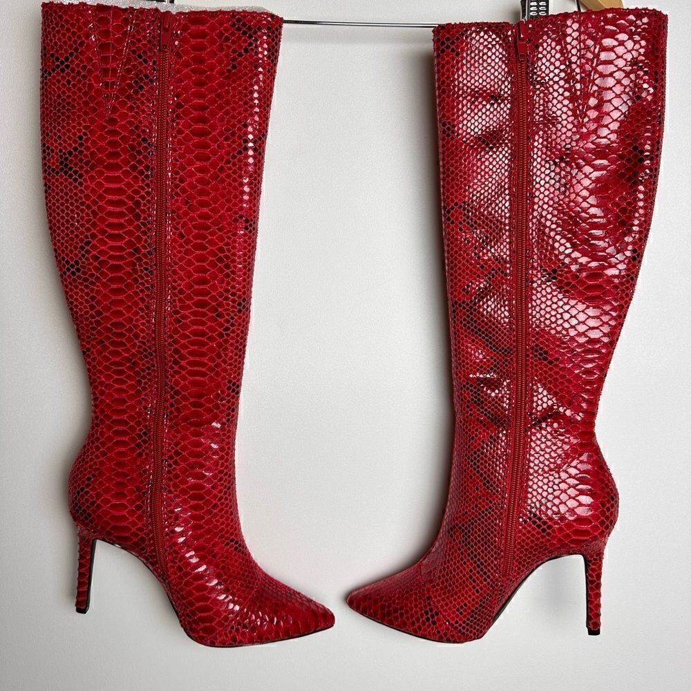 Red snake print knee high boots